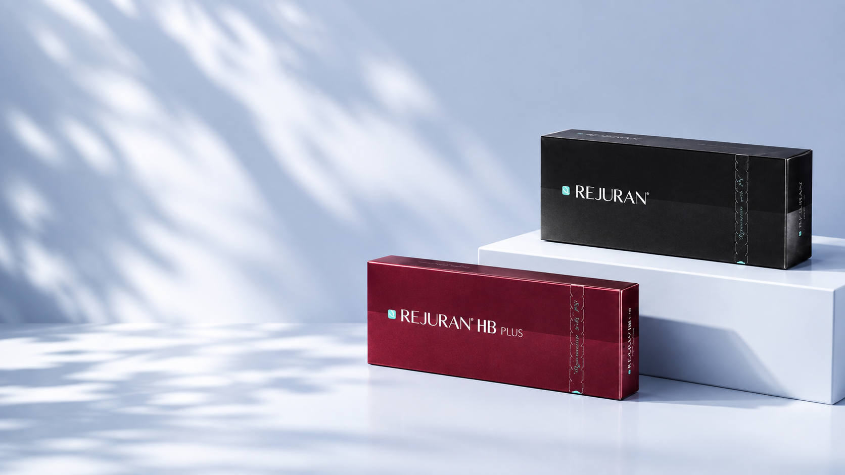 Rejuran HB Plus and Rejuran skin booster boxes on white platforms against a pale blue wall