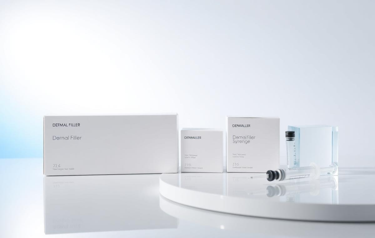 Dermal filler boxes and a prefilled syringe on a glossy white platform