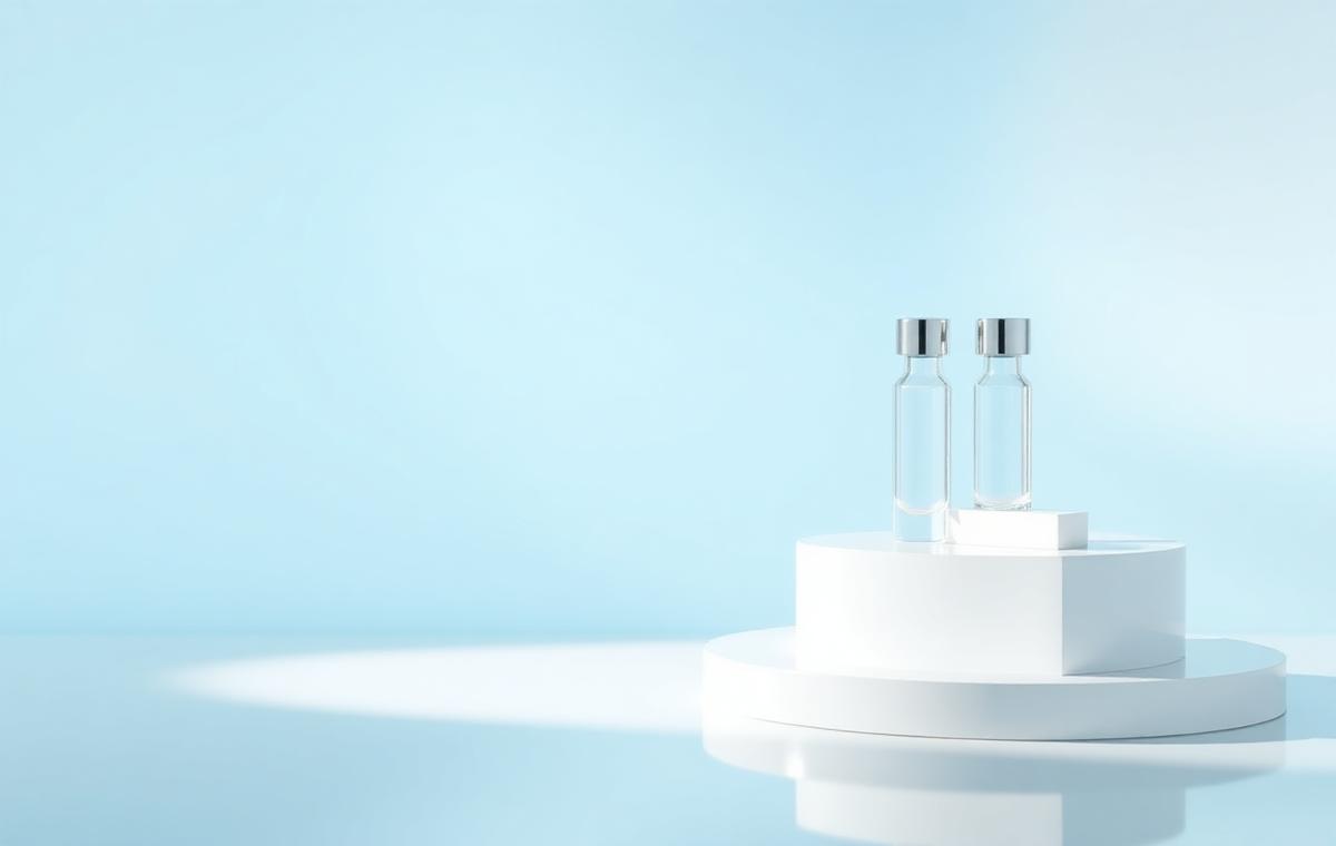 Sterile skin booster vials on a white podium in soft blue light