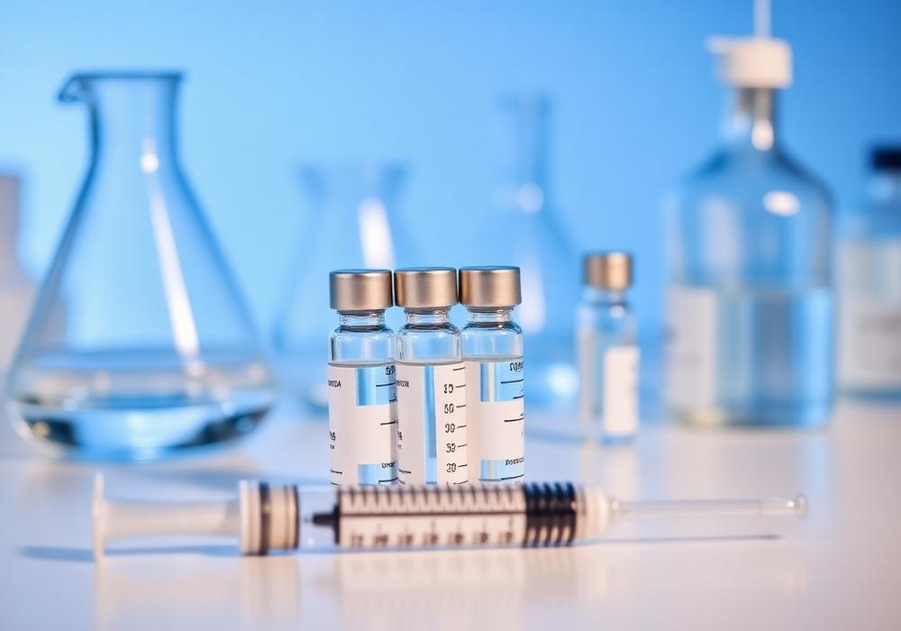 Laboratory glassware, sterile vials and a syringe under soft blue lighting